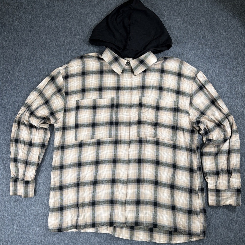 FOREVER 21 Flannel Shirt Mens M Long Sleeve Plaid Button Up Hooded